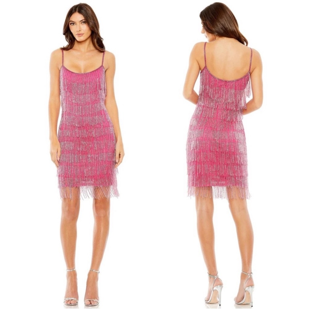 Mac Duggal 10006 Slim Strap Beaded Fringe Mini Slip Dress Sz Large NWT Hot Pink - Picture 1 of 4